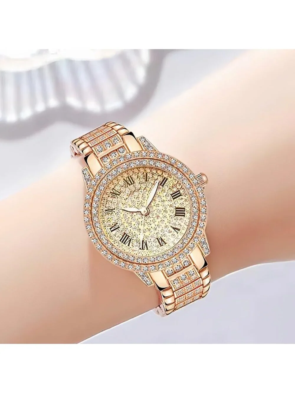 Women's Gold Full Diamond Bling Rhinestone Quartz Crystal Ladies Wrist Watches